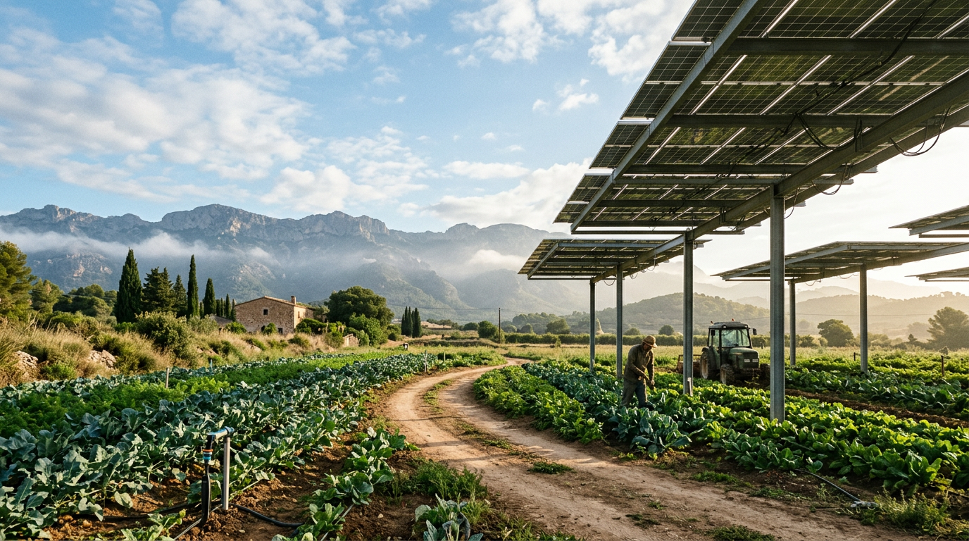 Pannelli solari installati sopra un campo di colture, che illustrano il concetto di agrivoltaico.