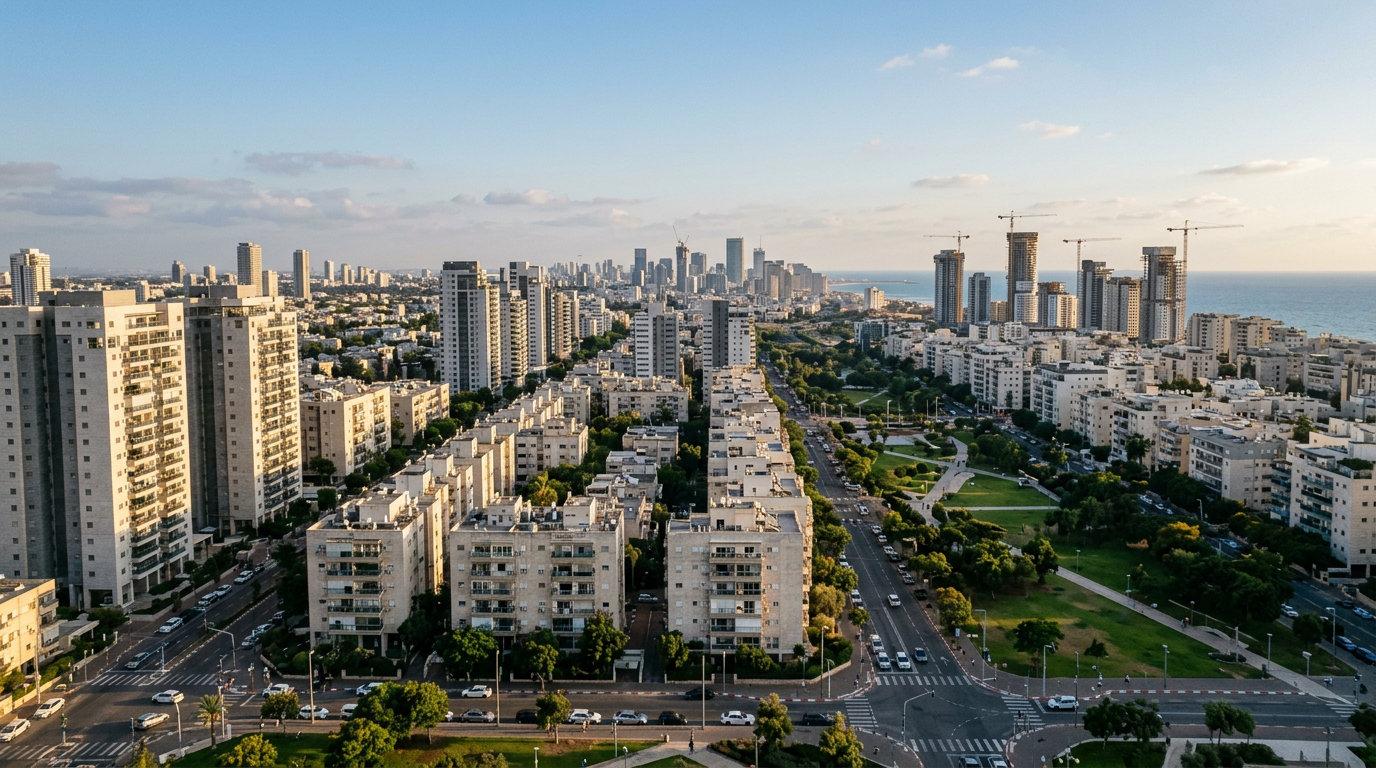 מראה אווירי של שכונת מגורים מודרנית בתל אביב, עם בניינים ושטחים ירוקים.
