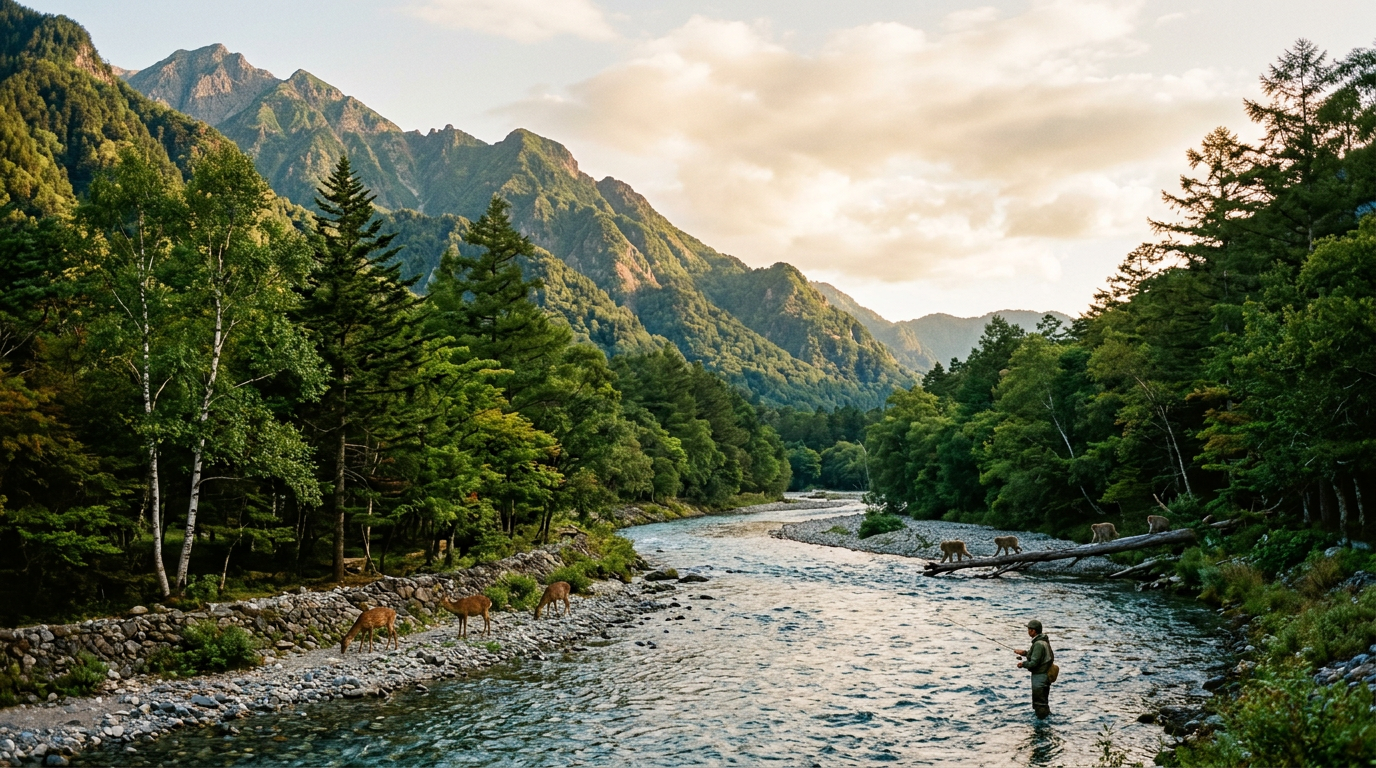 日本の豊かな自然景観、多様な生物種が生息する生命力あふれる森と川の風景