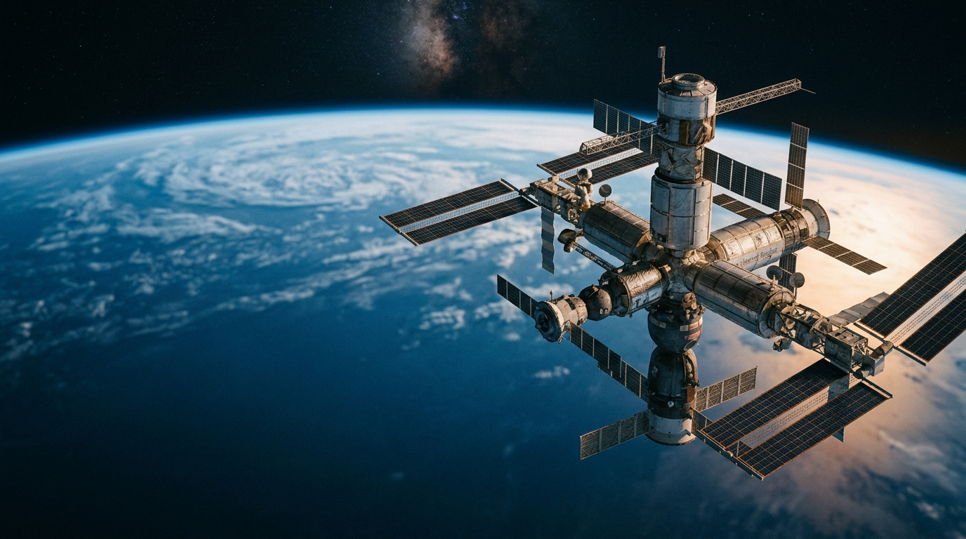 Futuristische kommerzielle Raumstation im Orbit um die Erde, beleuchtet von der Sonne.