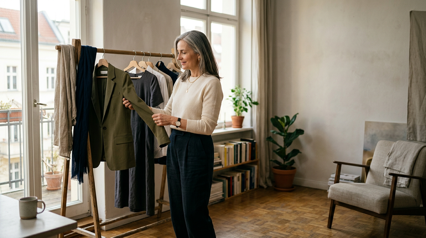 Lena aus Berlin kombiniert verschiedene Kleidungsstücke zu stilvollen Outfits in ihrer Capsule Wardrobe.