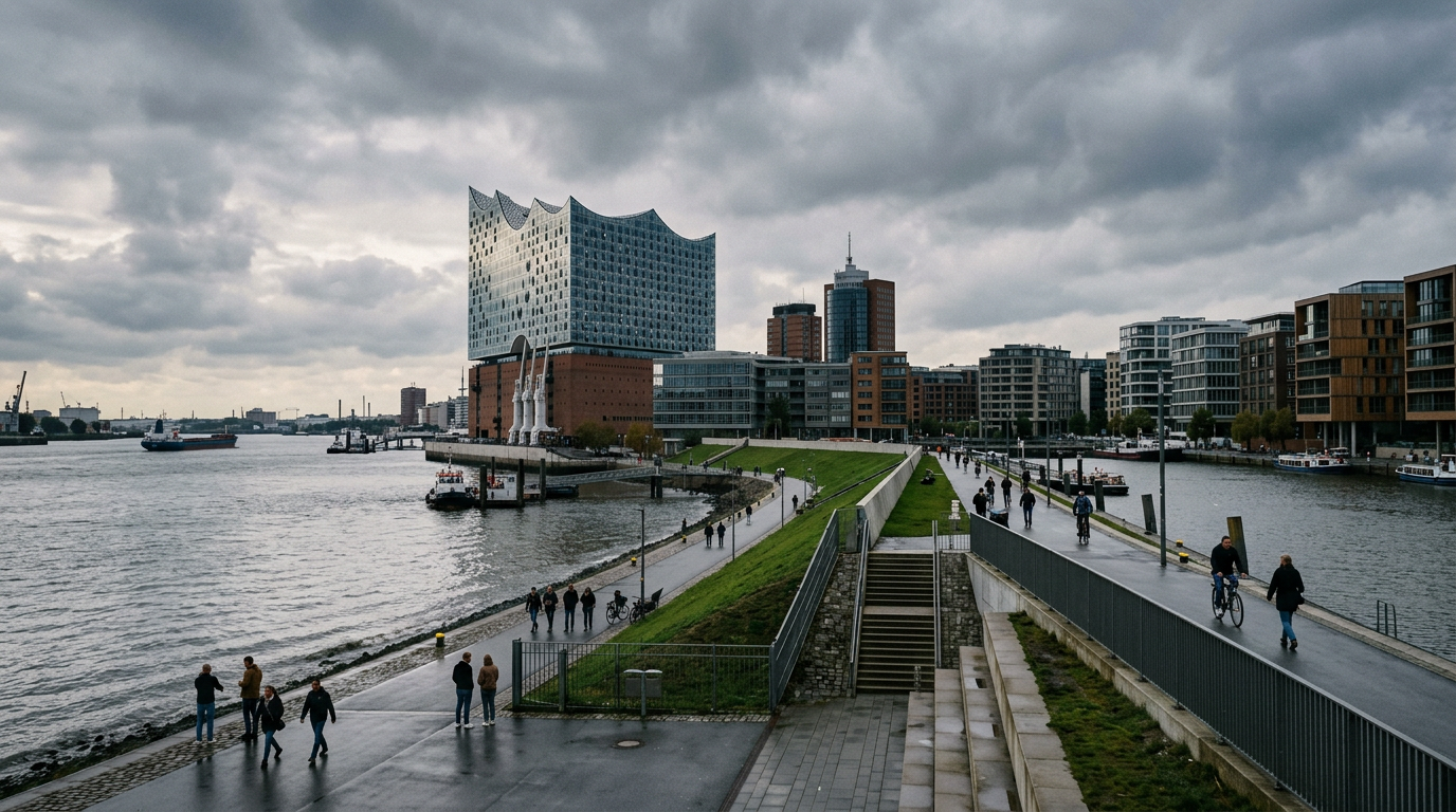 Hamburgs Elbphilharmonie vor einem modernen Hochwasserschutzdeich, der vor dem steigenden Meeresspiegel schützt.