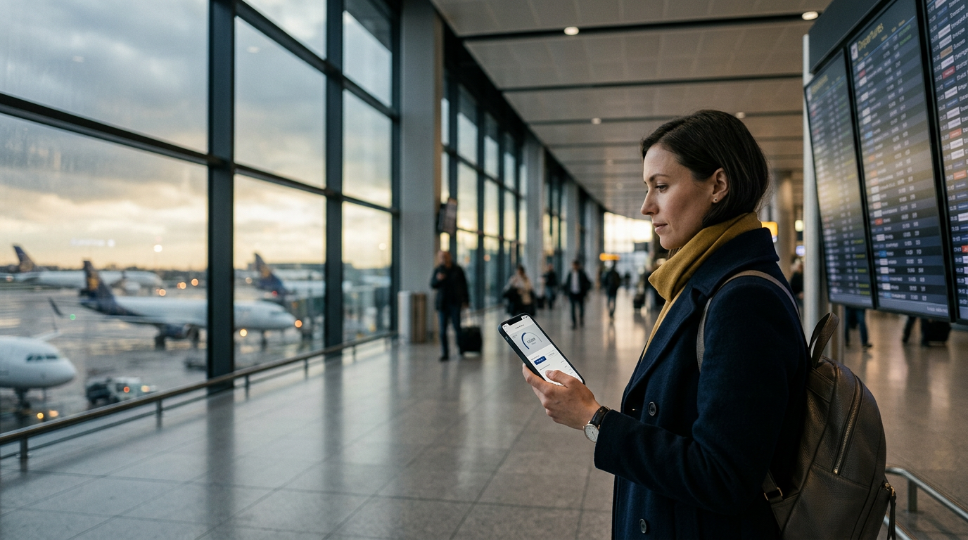 Viaggiatore esamina il display delle partenze in un aeroporto, confrontando i programmi fedeltà aerei.